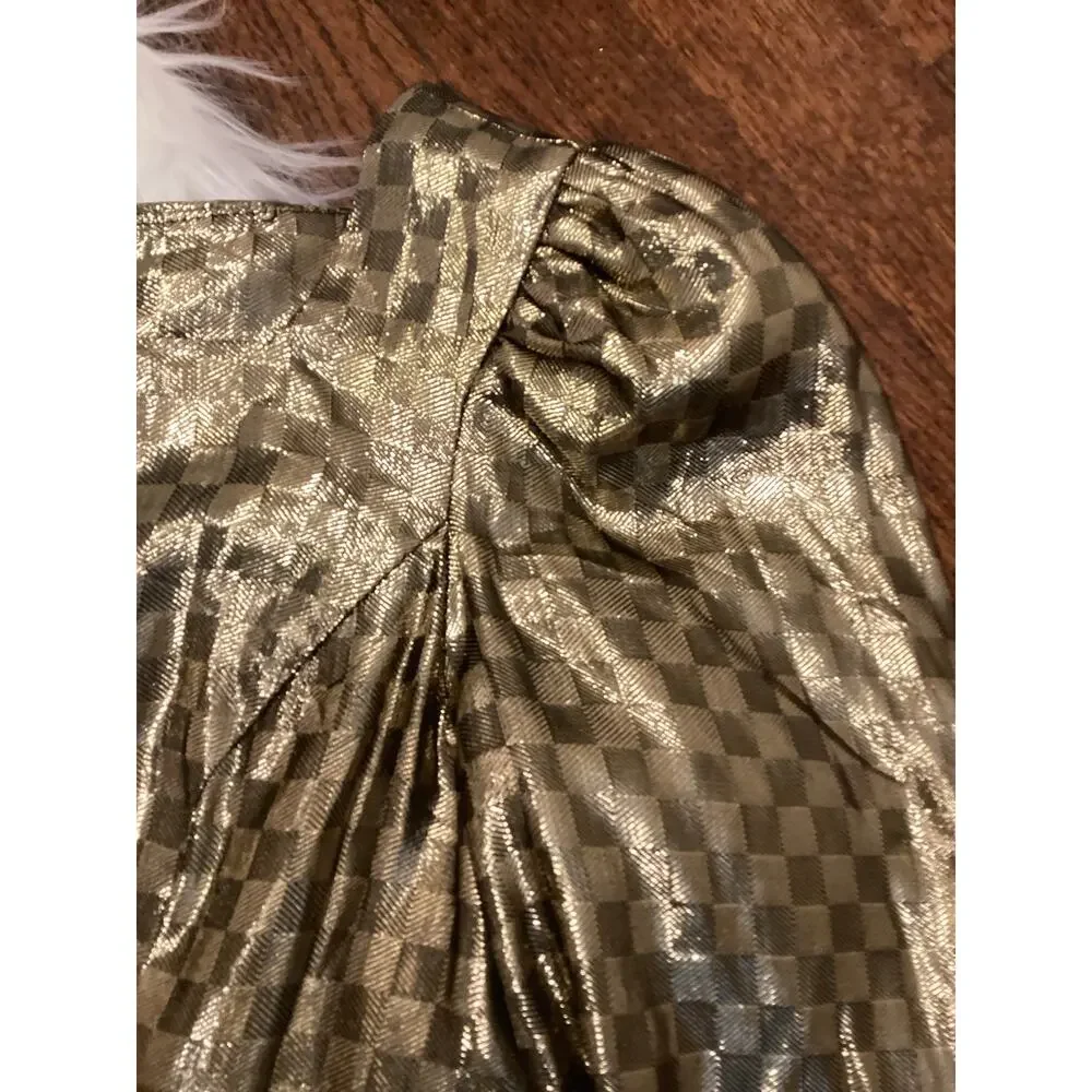 Trending Vintage Gold Metallic Check Lame 2pc Dress Midi Pencil Skirt Top S 24w